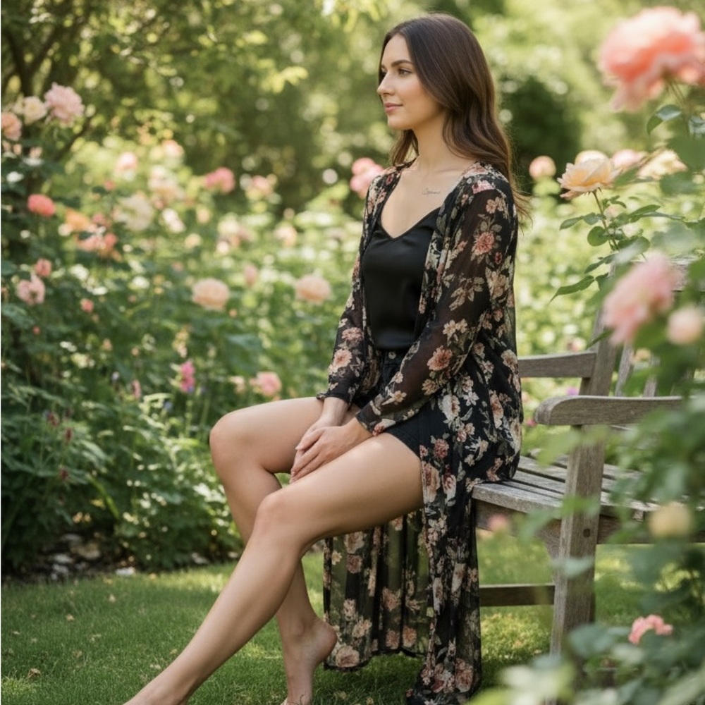 Sheer Floral Kimono Duster Black Long Open Front OS